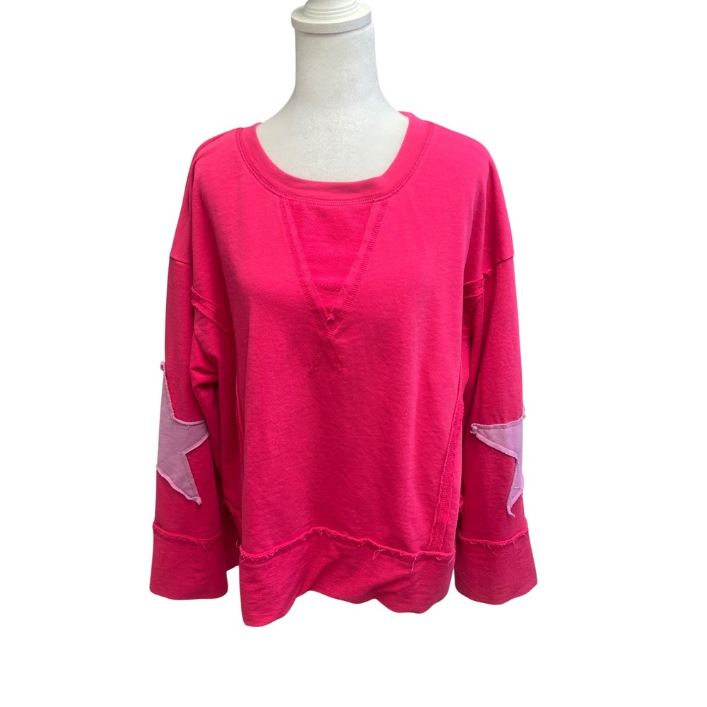 Style USA Sweatshirt Pink Star Patch Pullover Sz L Barbiecore Streetwear Boho